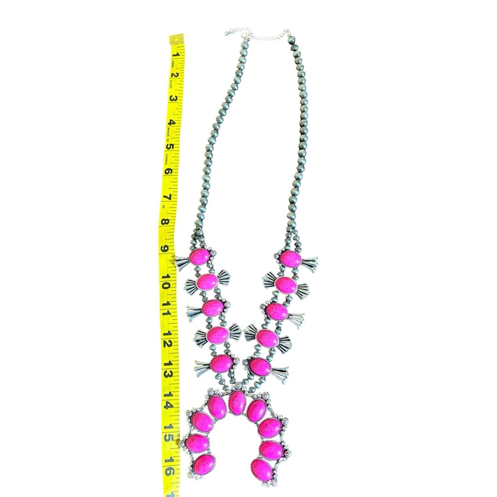New Southwestern Boho Squash Blossom Naja Pink & Silver Statement Necklace - Picture 9 of 14